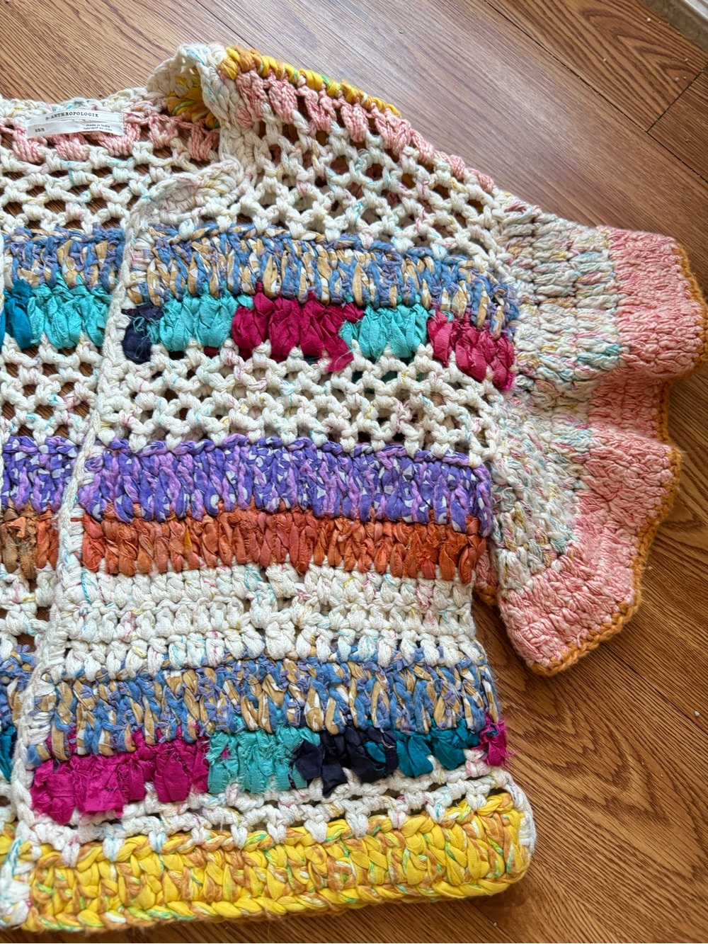 💕Anthropologie Cardigan Sweater Hand Knit Mia Crochet Multi Striped Crop XS/S💕 - Picture 2 of 6